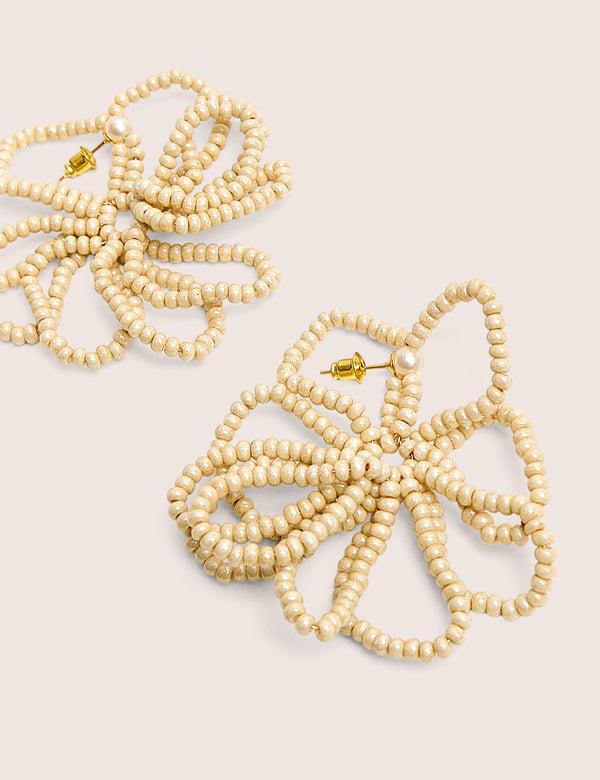Beaded Flower Earrings Beige