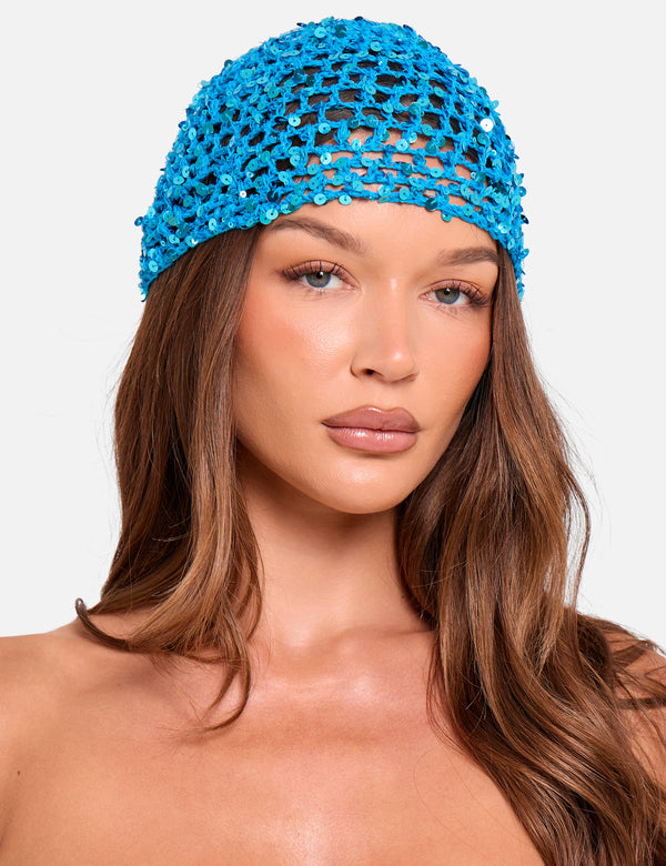 Crochet Sequin Head Piece in Blue