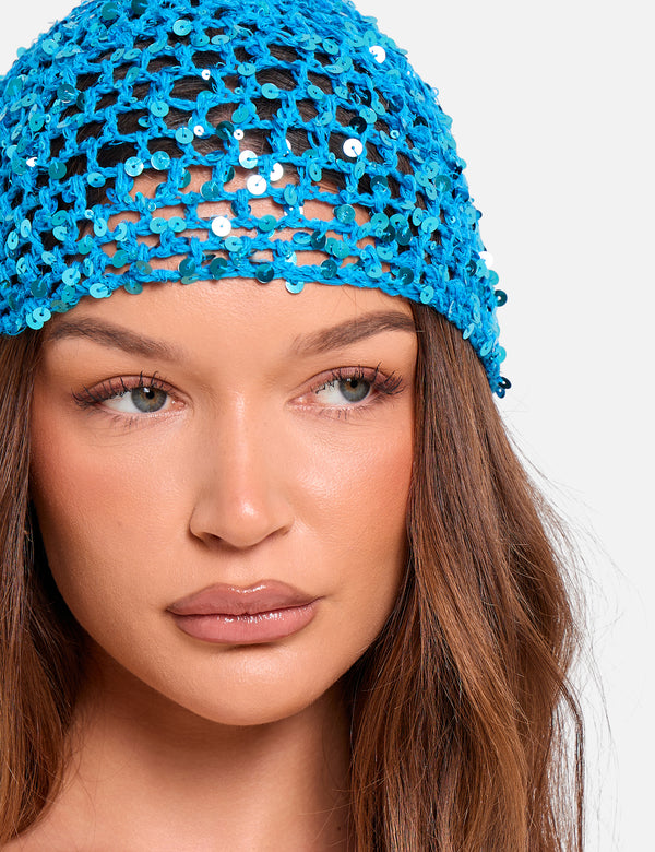 Crochet Sequin Head Piece in Blue