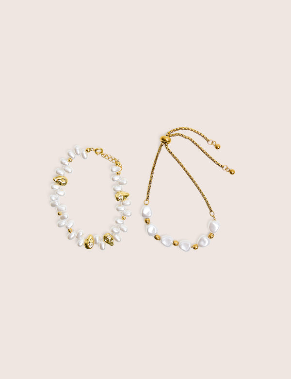Two Pack of Gold Plated Pearl Detail Bracelets