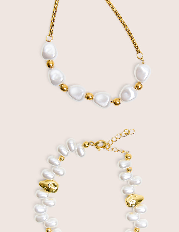 Two Pack of Gold Plated Pearl Detail Bracelets