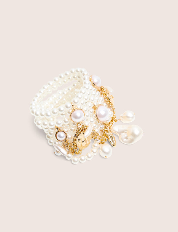 Layered Pearl Bracelet With Gold Charms