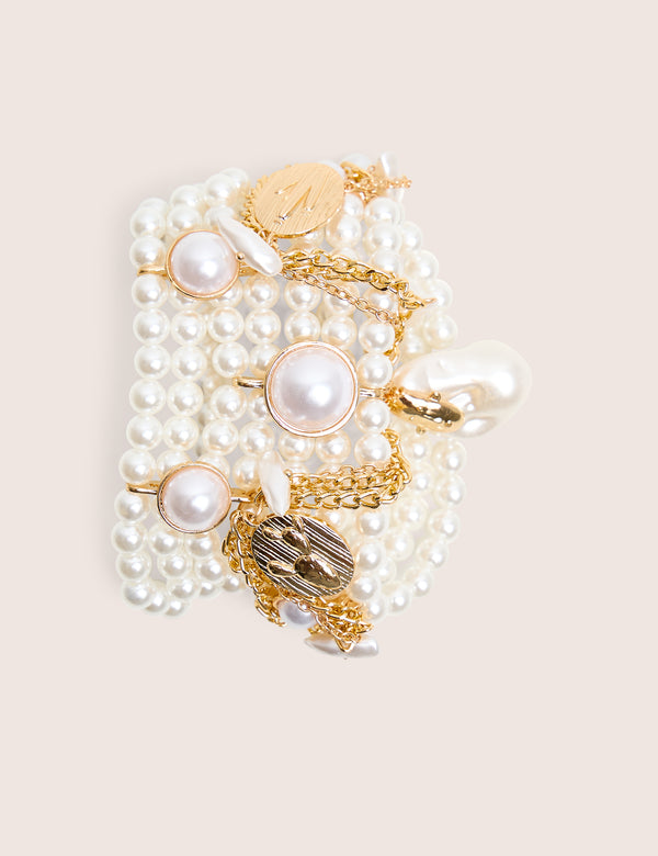 Layered Pearl Bracelet With Gold Charms