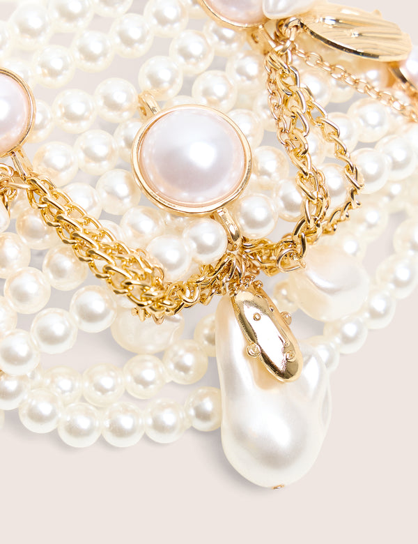 Layered Pearl Bracelet With Gold Charms