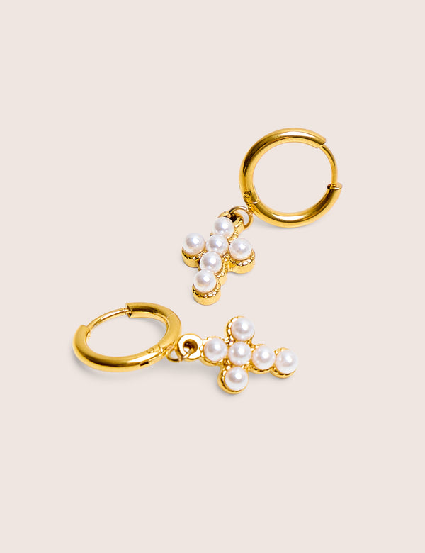 Mini Hoop Drop Cross Detail Earrings