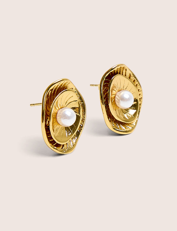 Double Layered Gold and Pearl Earrings