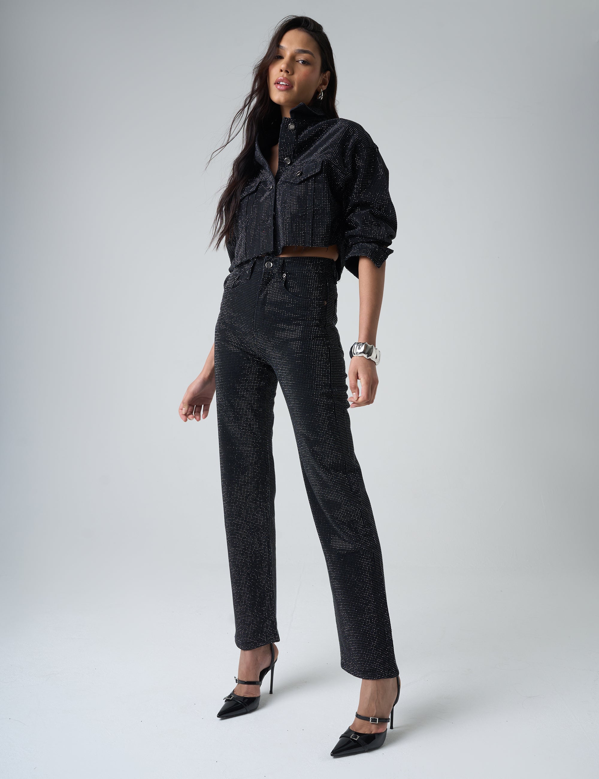 Diamante Straight Fit High Rise Denim Jeans Black | Public Desire