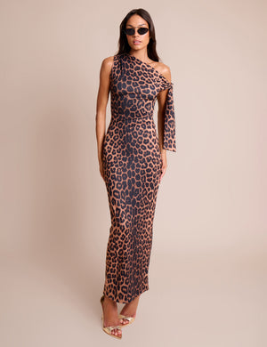 Knot Detail Asymmetric One Shoulder Luxe Slinky Maxi Dress Leopard