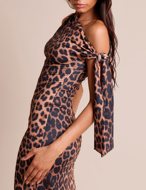 Knot Detail Asymmetric One Shoulder Luxe Slinky Maxi Dress Leopard