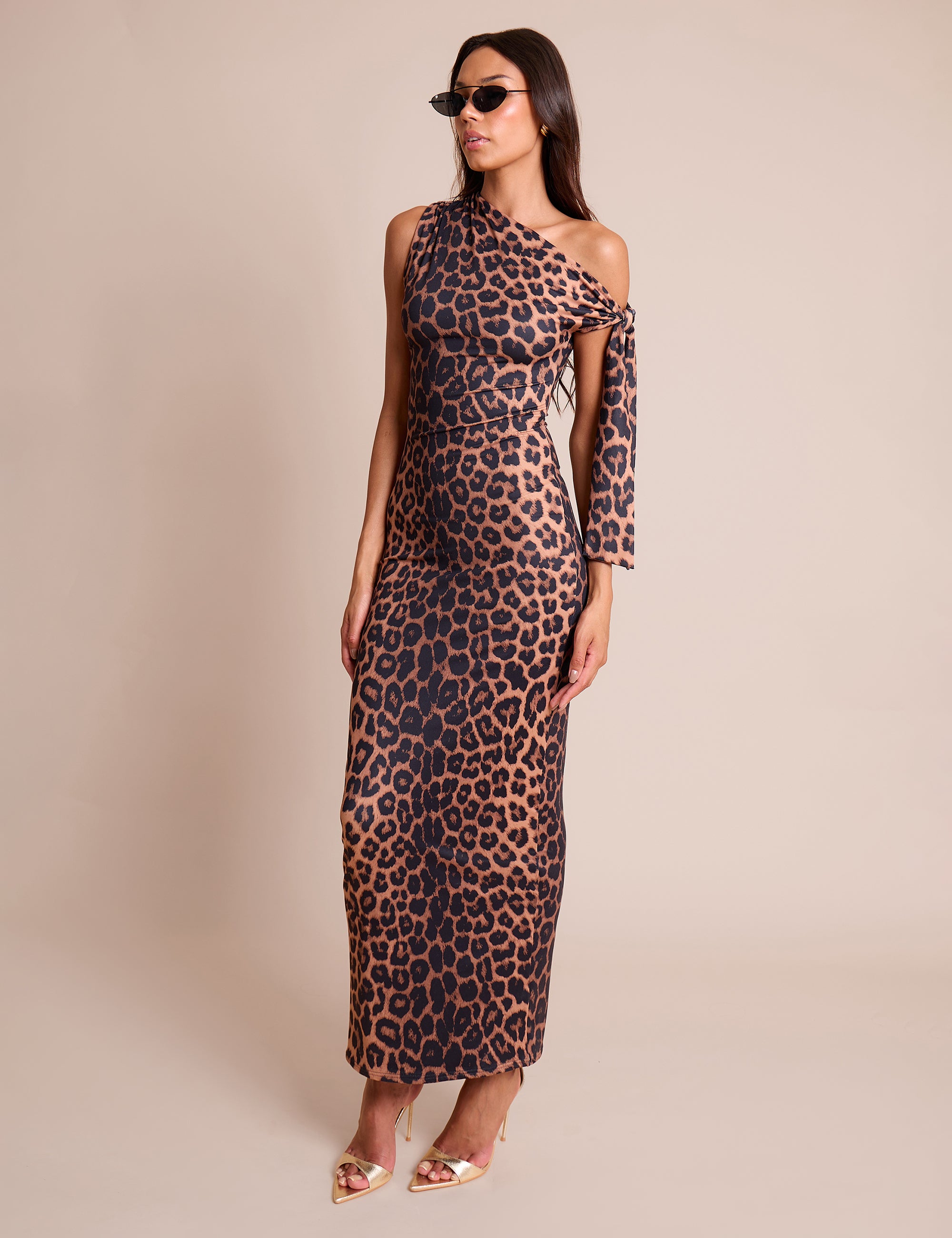 Knot Detail Asymmetric One Shoulder Luxe Slinky Maxi Dress Leopard | Public Desire Knot Detail Asymmetric One Shoulder Luxe Slinky Maxi Dress Leopard | Public Desire