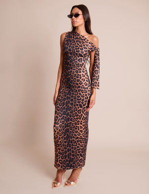 Knot Detail Asymmetric One Shoulder Luxe Slinky Maxi Dress Leopard