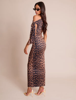 Knot Detail Asymmetric One Shoulder Luxe Slinky Maxi Dress Leopard