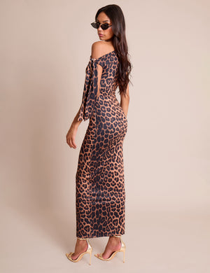 Knot Detail Asymmetric One Shoulder Luxe Slinky Maxi Dress Leopard