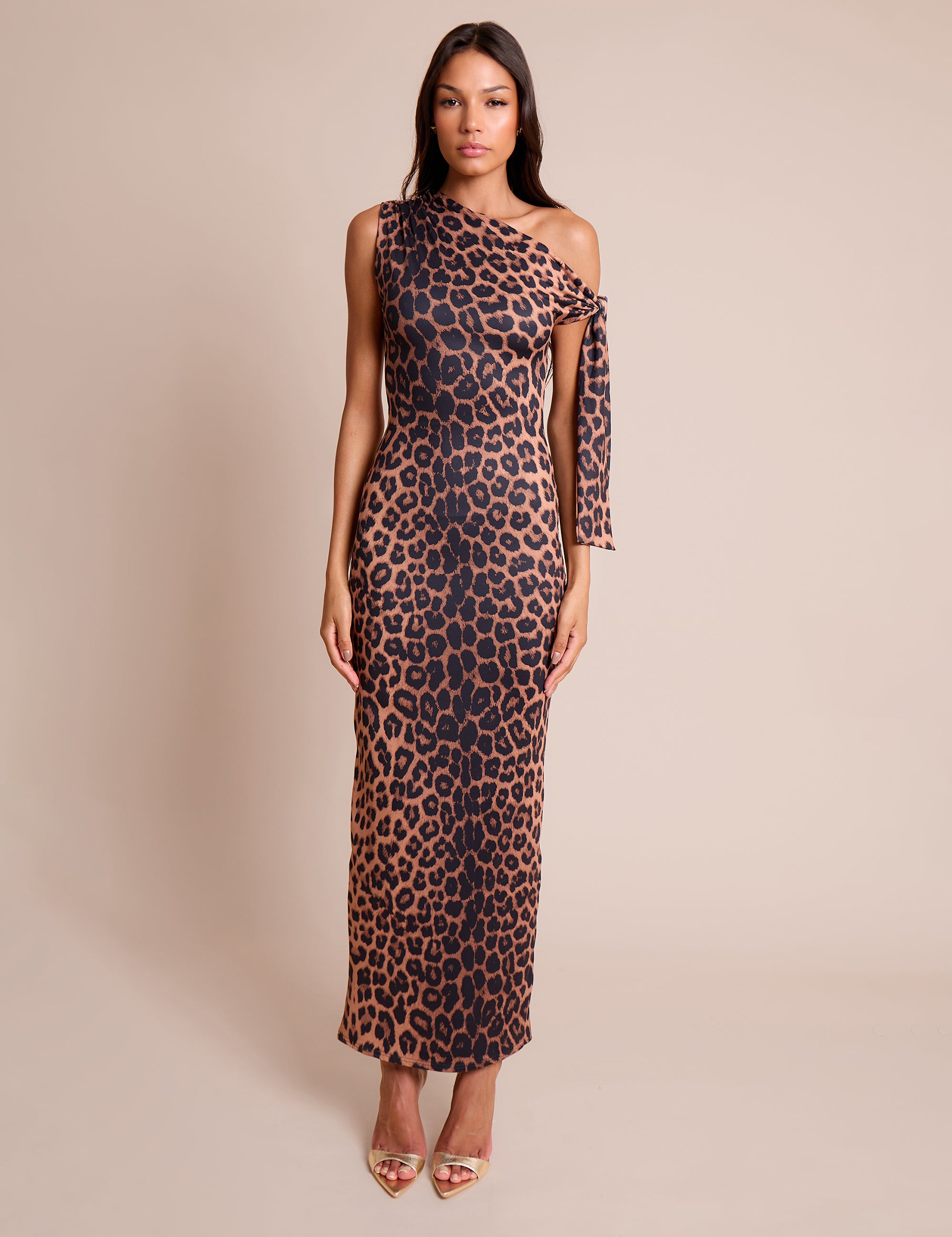 leopard print twisted asymmetric maxi dress Knot Detail Asymmetric One Shoulder Luxe Slinky Maxi Dress Leopard