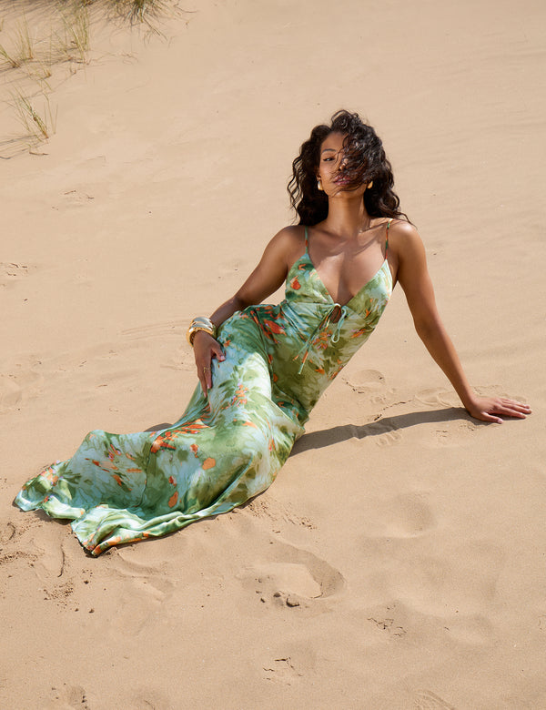 Open Back Water Colour Cami Maxi Dress Green