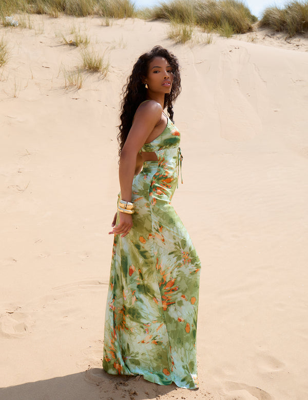 Open Back Water Colour Cami Maxi Dress Green
