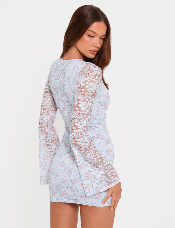 Flared Long Sleeve Floral Lace Mini Dress Blue