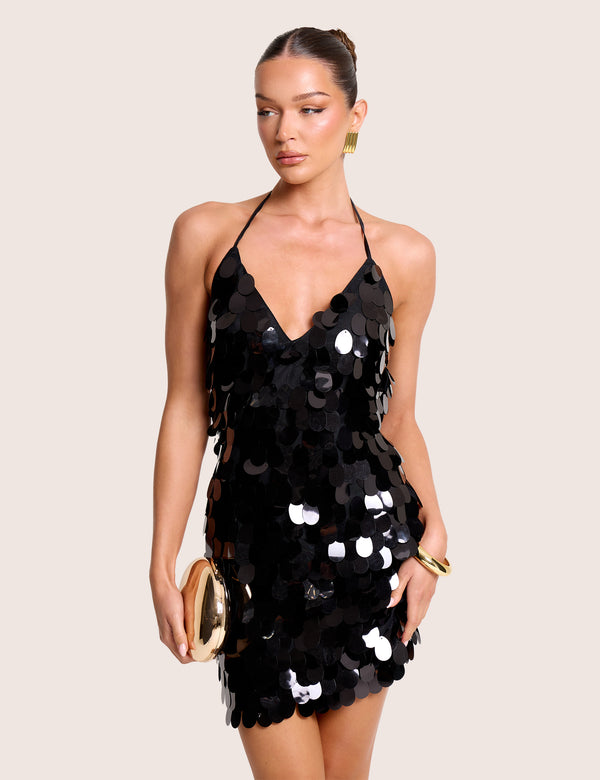 V Neck Large Disc Embellished Mini Dress Black