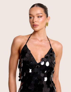 V Neck Large Disc Embellished Mini Dress Black
