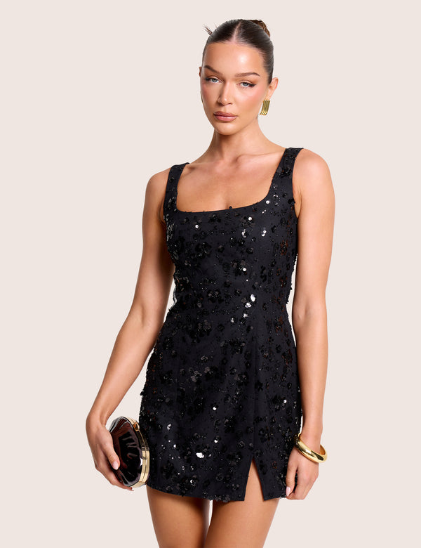Embellished Floral Sequin Square Neck Mini Dress Black