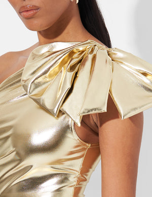 Oversized Bow Detail One Shoulder Mini Dress Gold