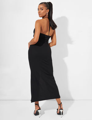 Ruffle Detail Deep Plunge Maxi Dress in Black