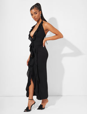 Ruffle Detail Deep Plunge Maxi Dress in Black