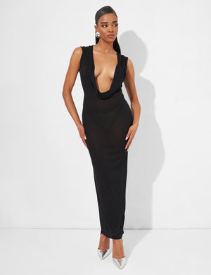 Extreme Dropped Cowl Neck Hooded Midaxi Dress Black