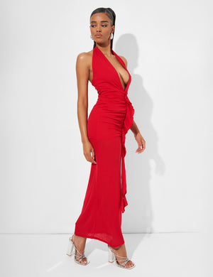 Deep Plunge Maxi Dress In Red