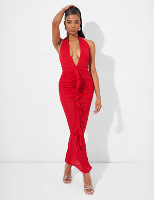 Deep Plunge Maxi Dress In Red