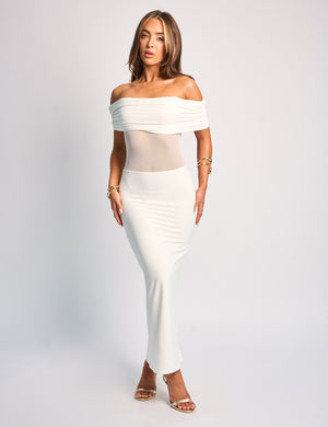 Off Shoulder Mesh Insert Maxi Dress White