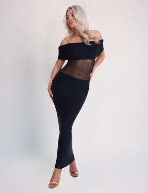 Off Shoulder Mesh Insert Maxi Dress Black