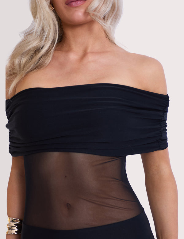 Off Shoulder Mesh Insert Maxi Dress Black