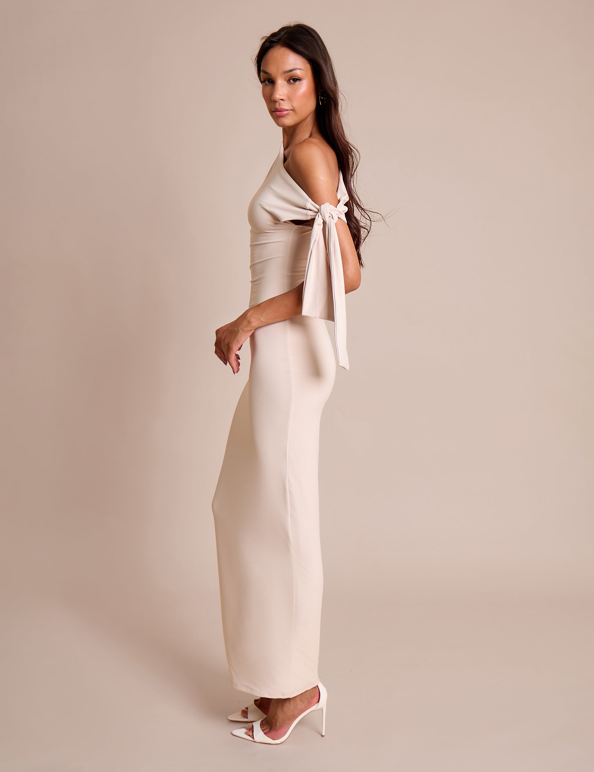 Knot Detail Asymm One Shoulder Luxe Slinky Maxi Dress Stone
