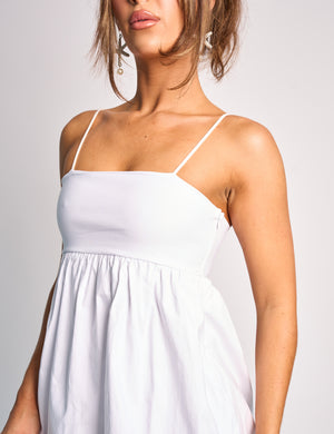 Spaghetti Strap Puff Ball Mini Dress White