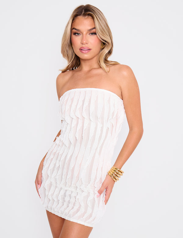 Ruffle Detail Bandeau Mini Dress Cream