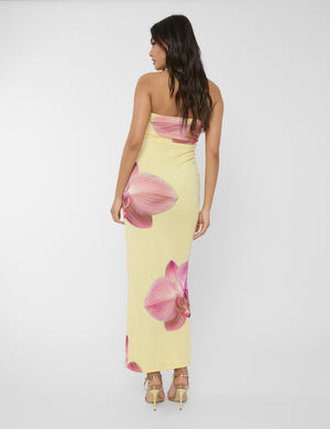 Slinky Bandeau Floral Print Maxi Dress Yellow