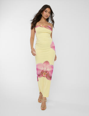 Slinky Bandeau Floral Print Maxi Dress Yellow