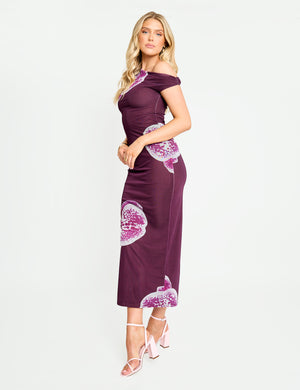 Asymmetric One Shoulder Floral Maxi Dress Burgundy