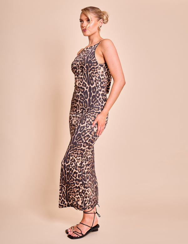 High Neck Cowl Back Maxi Dress Leopard