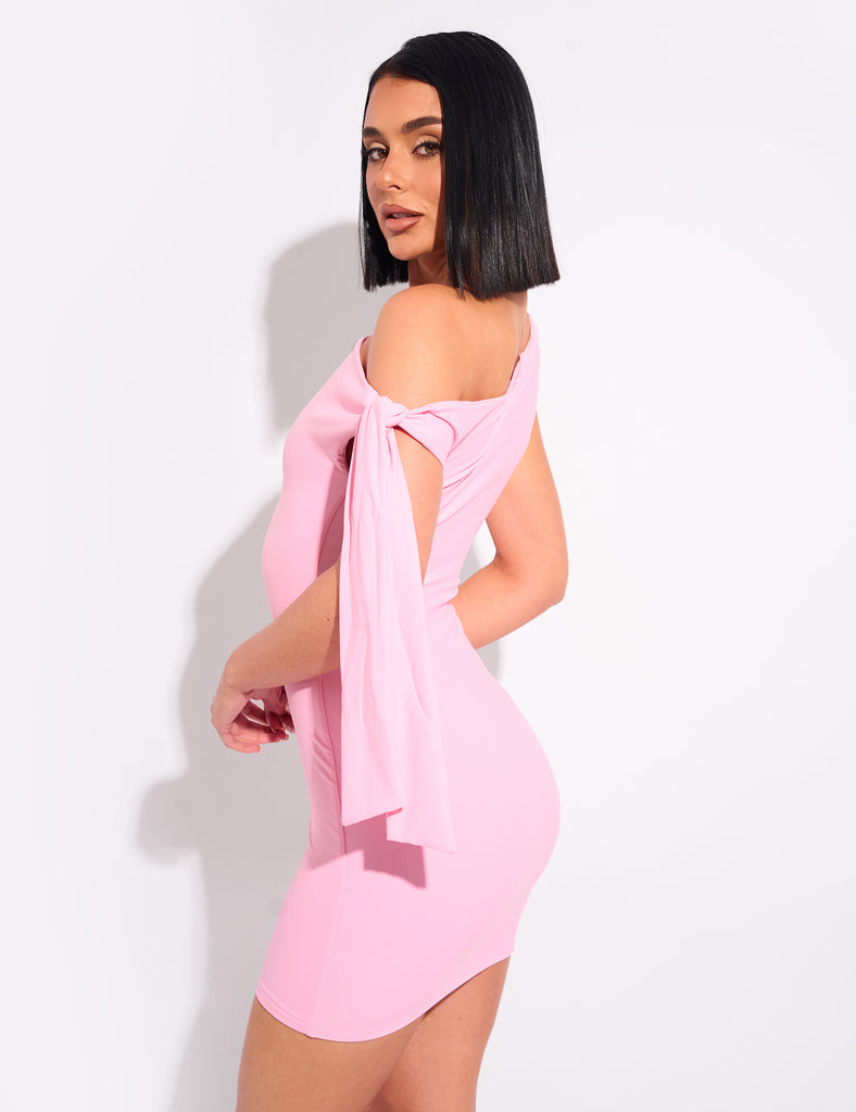 strapless open back dress Knot Detail Asymmetric One Shoulder Luxe Slinky Mini Dress Pink