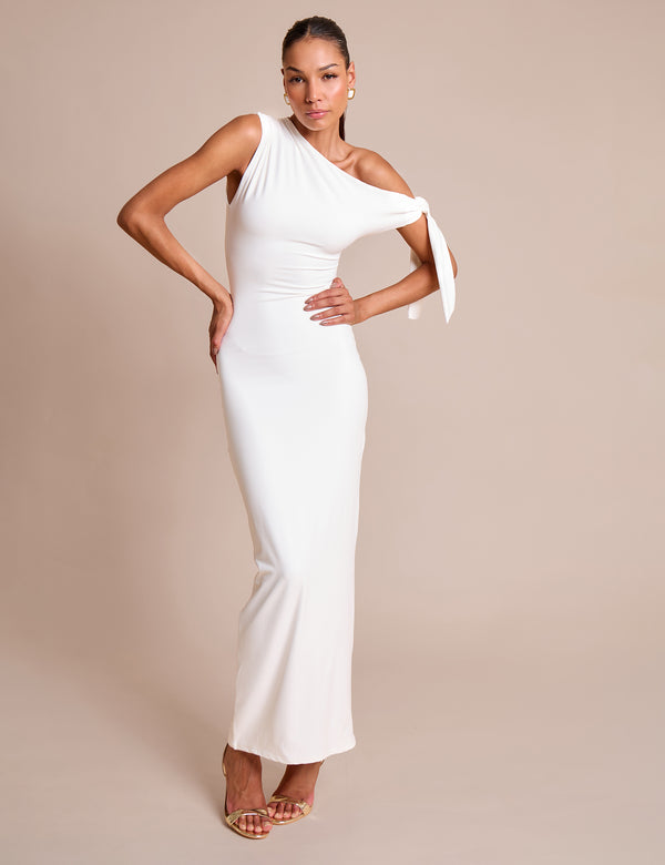 Knot Detail Asymmetric One Shoulder Luxe Slinky Maxi Dress White