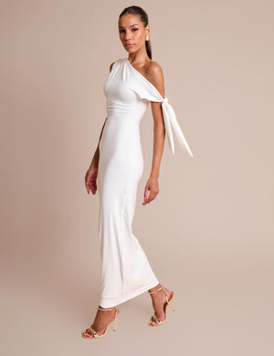 Knot Detail Asymmetric One Shoulder Luxe Slinky Maxi Dress White