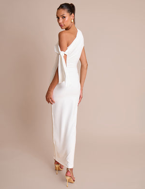 Knot Detail Asymmetric One Shoulder Luxe Slinky Maxi Dress White