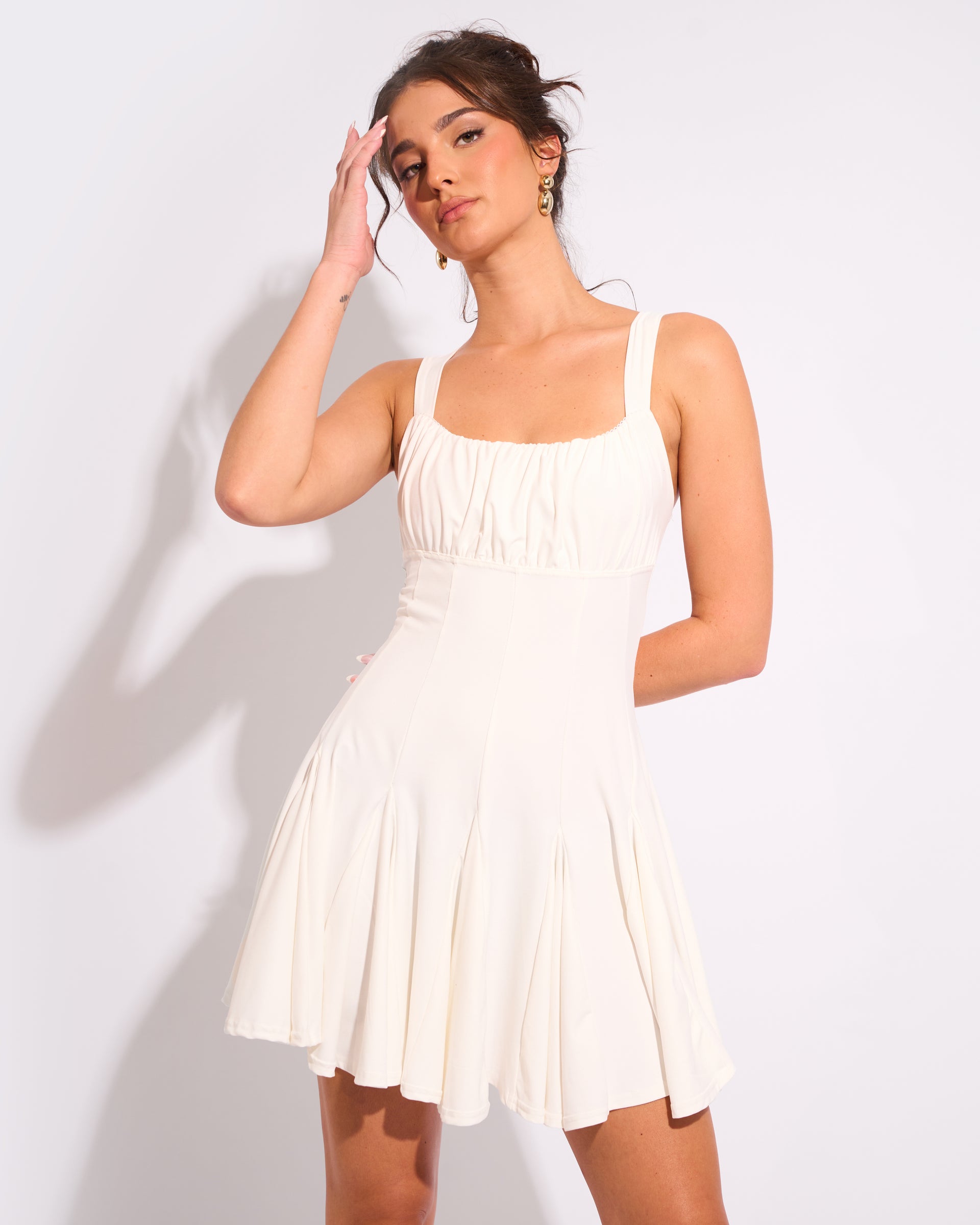 white ruched frill detail strappy skater dress Ruched Detail Mini Skater Dress Ivory
