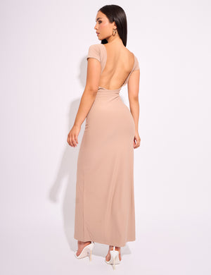 Open Back Detail Luxe Slinky Maxi Dress Stone | Public Desire Open Back Detail Luxe Slinky Maxi Dress Stone | Public Desire