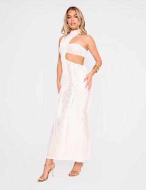 Textured Asymmetric Cut Out Maxi Dress Cream