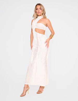 Textured Asymmetric Cut Out Maxi Dress Cream