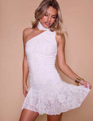 Neck Scarf Textured Floral Mini Dress White