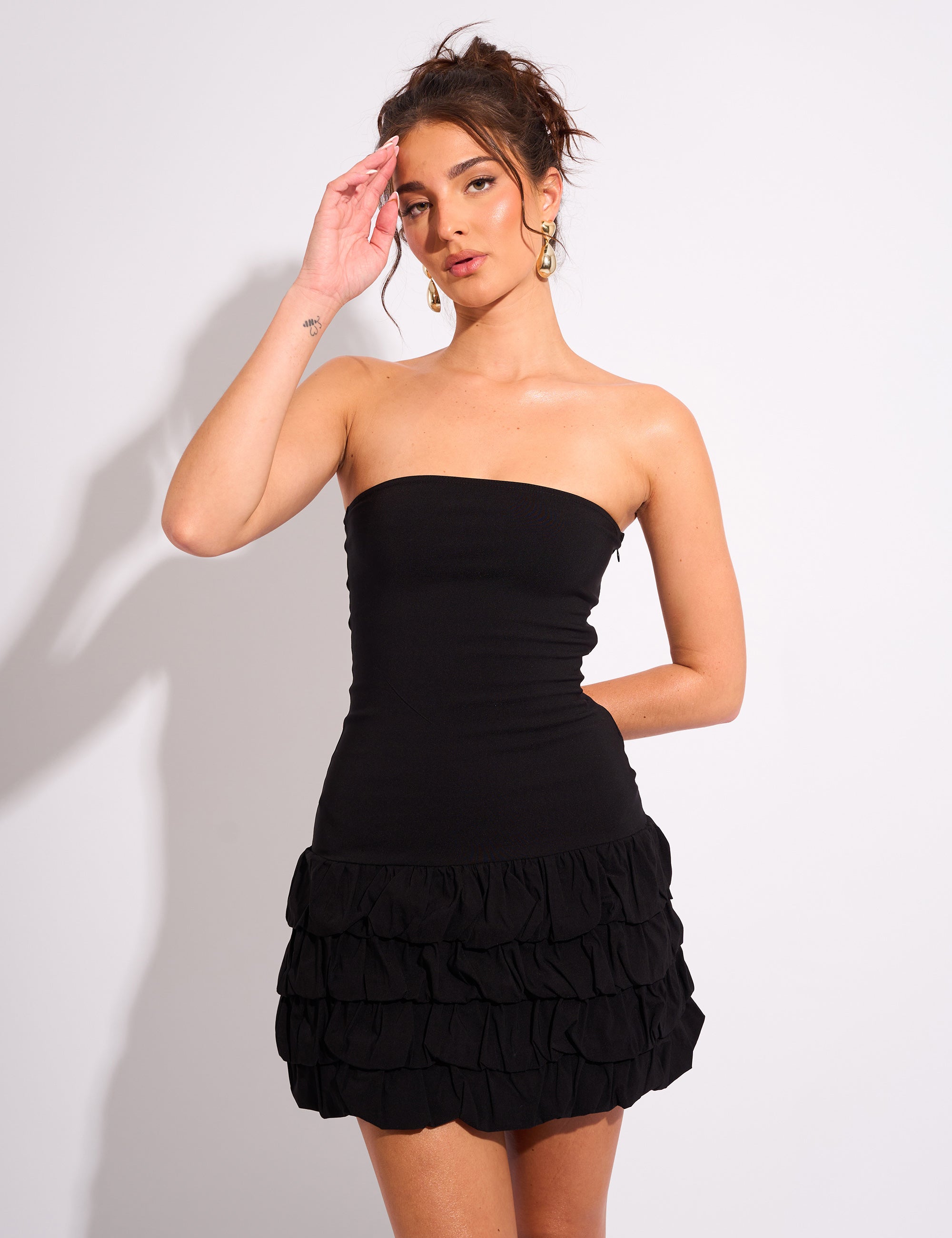 Tiered Bubble Hem Bandeau Mini Dress Black | Public Desire Tiered Bubble Hem Bandeau Mini Dress Black | Public Desire